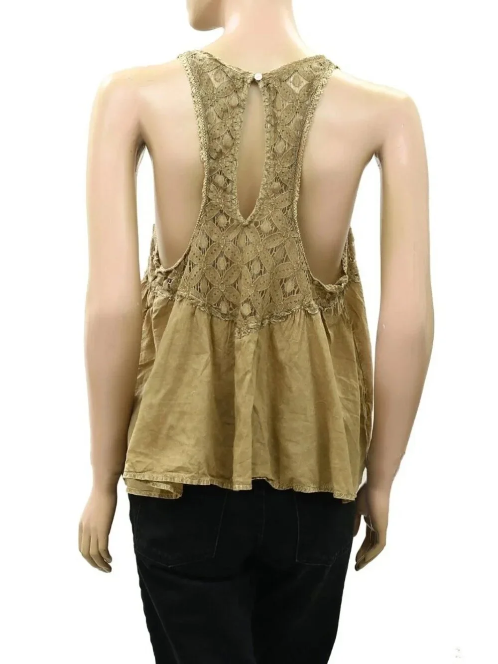 Free People Wandering Light Blouse Top Lace Cutout Tank Green Cotton M 290331